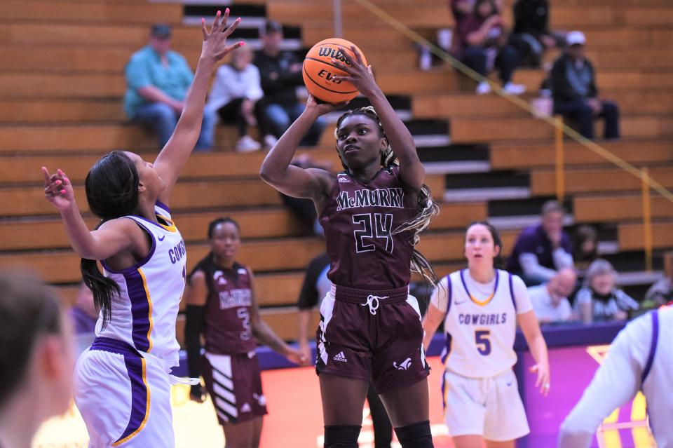 McMurry's Destiny Mathews (24) takes a shot during Saturday's ASC game against No. 21 Hardin-Simmons. Mathews scored a game-high 21 points in the 88-69 loss.