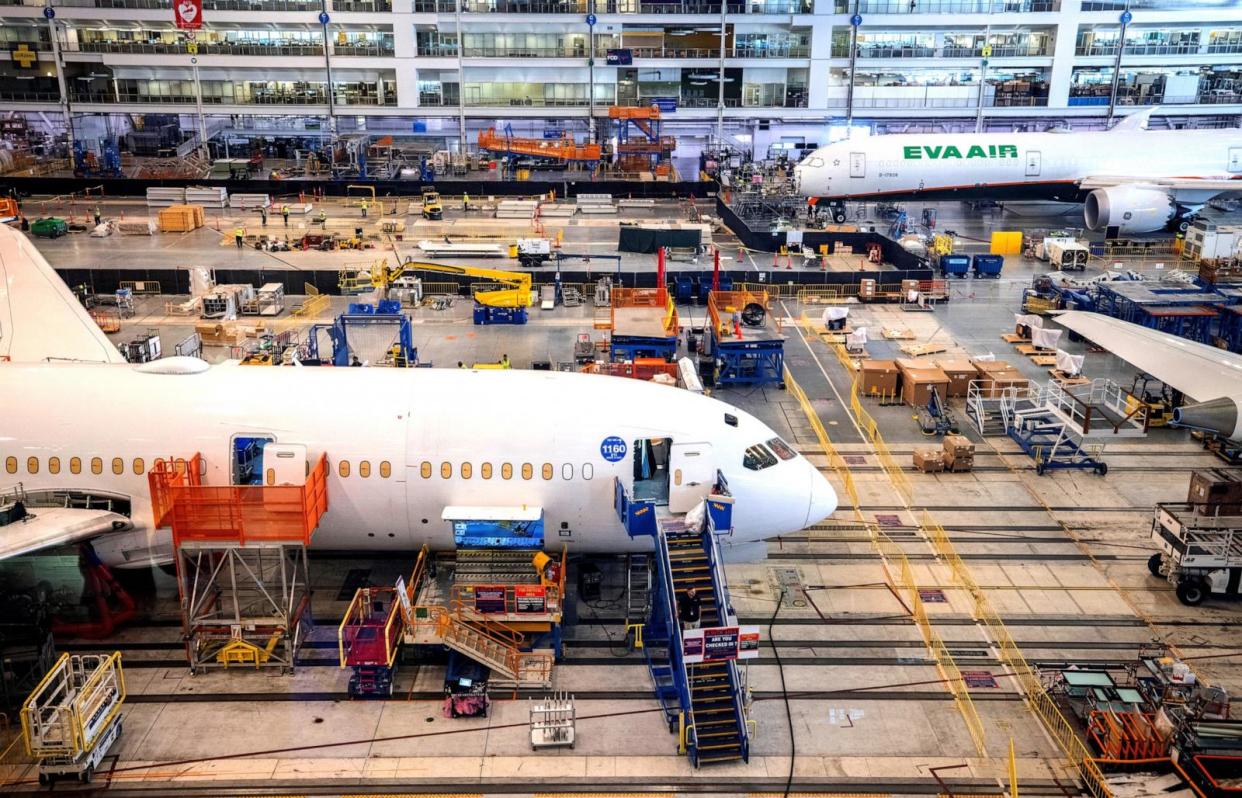 PHOTO: In this May 30, 2023, file photo, Boeing employees assemble 787s inside their main assembly building on their campus in North Charleston, S.C. (Gavin McIntyre/Pool via Reuters, FILE)