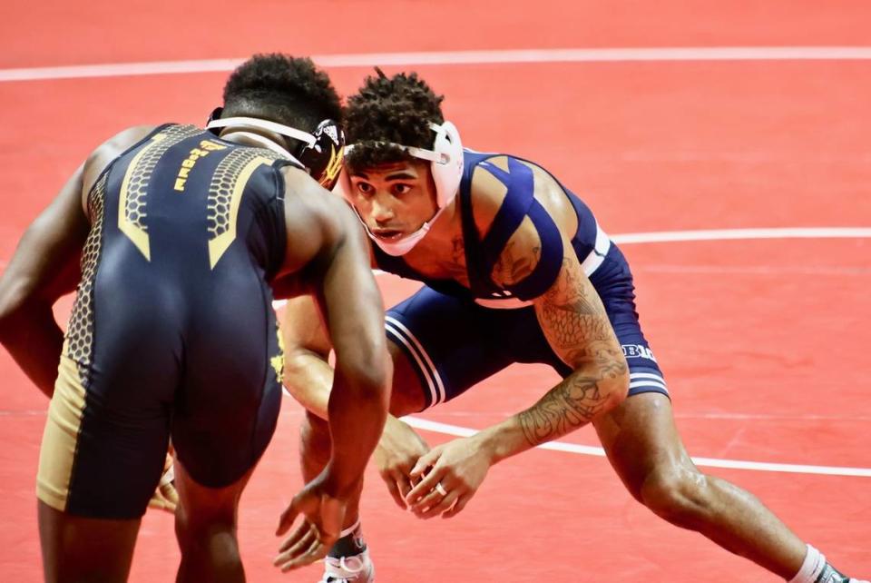 Penn State’s Roman Bravo-Young defeated Arizona State’s Michael McGee, 6-2, on Dec. 21, 2021, at the Collegiate Duals in Niceville, Florida.