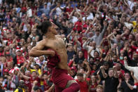 Liverpool's Darwin Nunez celebrates after scoring his side's third goal during the FA Community Shield soccer match between Liverpool and Manchester City at the King Power Stadium in Leicester, England, Saturday, July 30, 2022. (AP Photo/Frank Augstein)