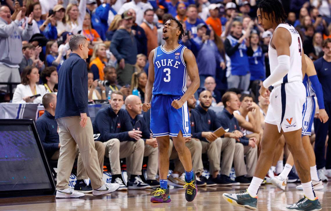 Duke’s Jeremy Roach (3) celebrates late in the second half of Duke’s 59-49 victory over Virginia to win the ACC Men’s Basketball Tournament in Greensboro, N.C., Saturday, March 11, 2023.