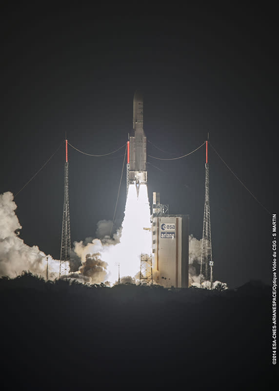 Ariane 5 lights up the Spaceport during its successful Flight VA218, launching from French Guiana on Sept. 11, 2014.