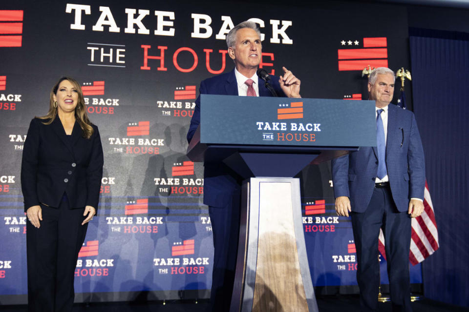 <div class="inline-image__caption"><p>House Minority Leader Kevin McCarthy, R-Calif., addresses an Election Night party at The Westin Washington hotel in Washington, D.C., on Tuesday, November 8, 2022. Rep. Tom Emmer, R-Minn., chairman of the National Republican Congressional Committee, and RNC Chairwoman Ronna McDaniel also appear. </p></div> <div class="inline-image__credit">Tom Williams</div>