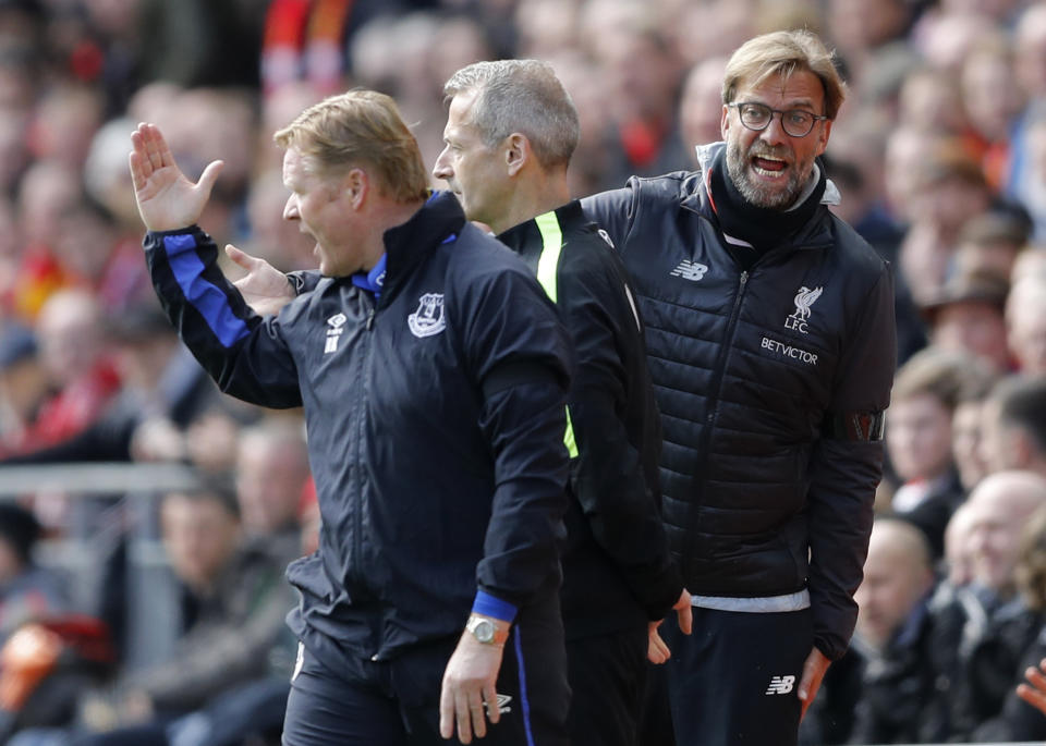 <p>Britain Soccer Football – Liverpool v Everton – Premier League – Anfield – 1/4/17 Liverpool manager Juergen Klopp and Everton manager Ronald Koeman clash as fourth official Martin Atkinson looks on Action Images via Reuters / Carl Recine Livepic EDITORIAL USE ONLY. No use with unauthorized audio, video, data, fixture lists, club/league logos or “live” services. Online in-match use limited to 45 images, no video emulation. No use in betting, games or single club/league/player publications. Please contact your account representative for further details. </p>