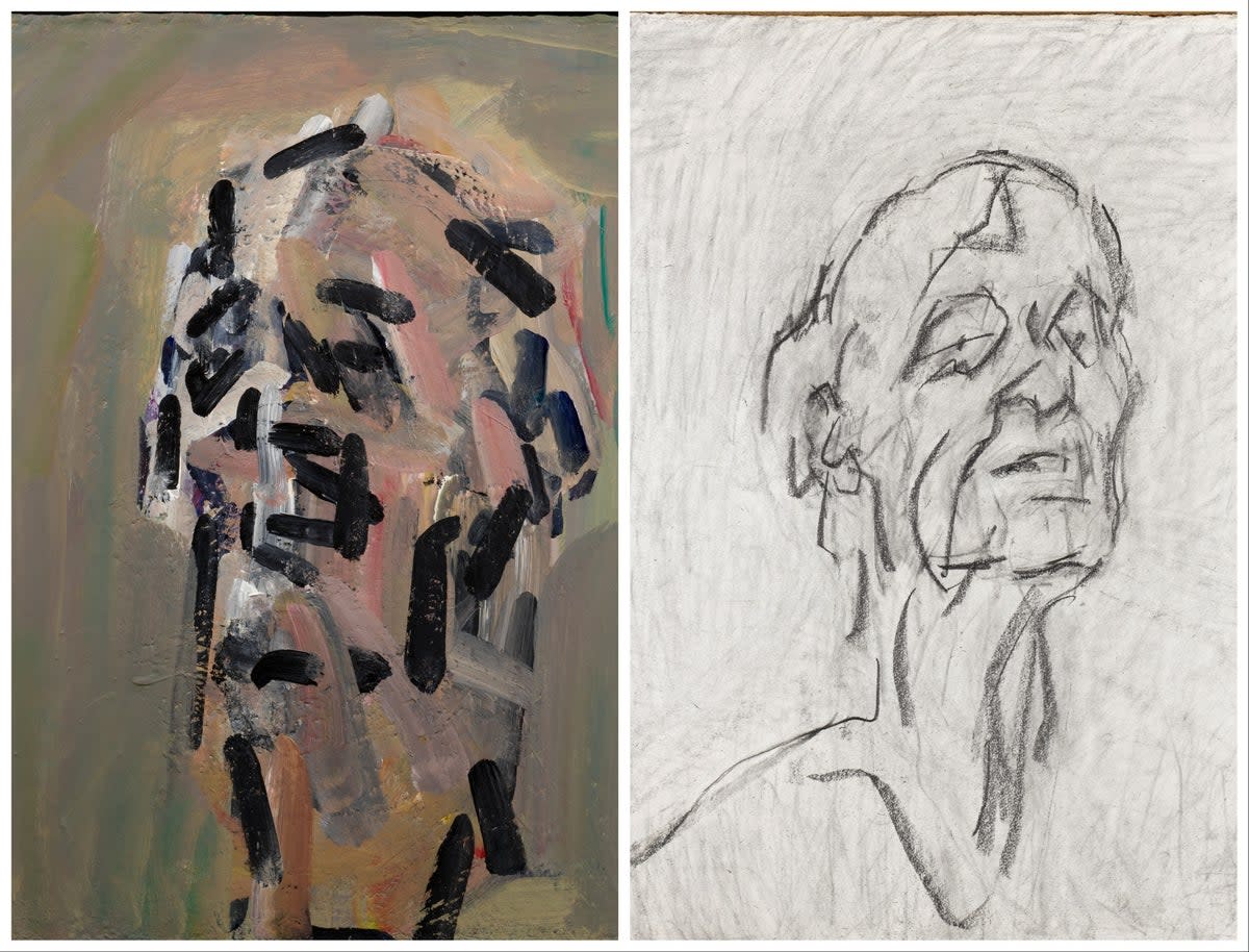 Frank Auerbach’s Self Portrait VII, acrylic on board (left), and Self Portrait 2022-2023, graphite on paper (Courtesy Frankie Rossi Art Projects)