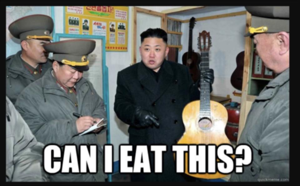 A meme of Kim Jong-un with the words, "Can I eat this?"