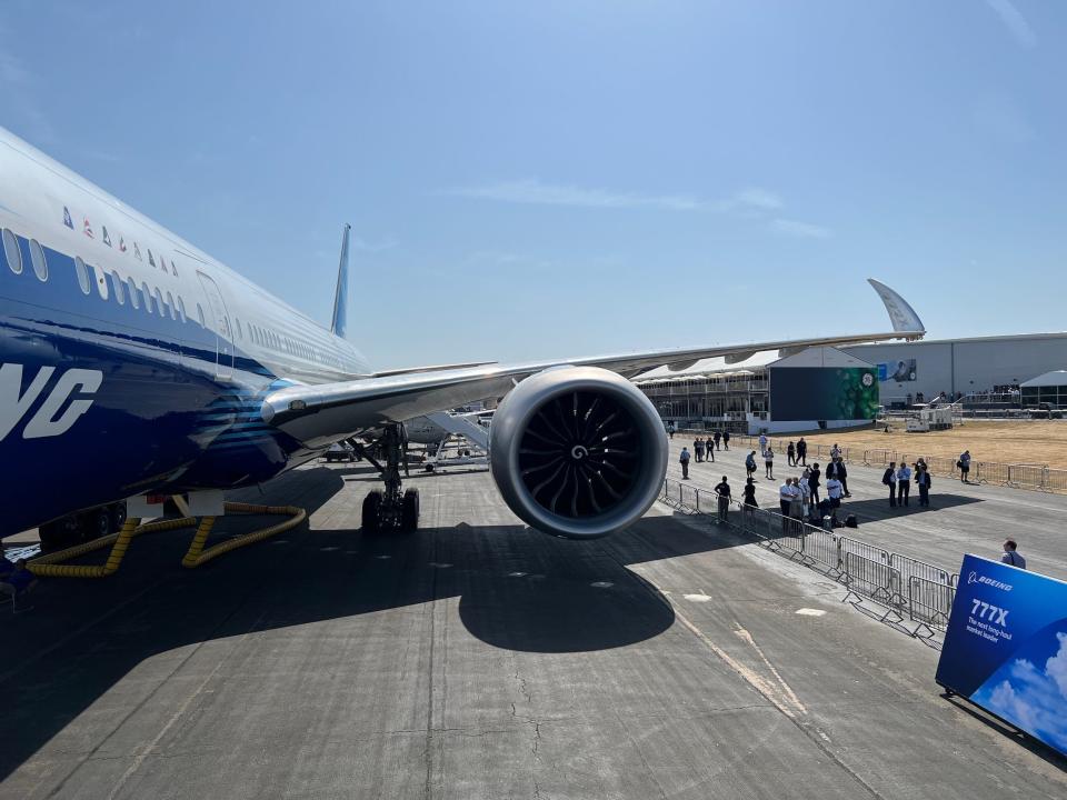 Boeing 777X Flight Test 1 aircraft at the Farnborough International Air Show 2022.