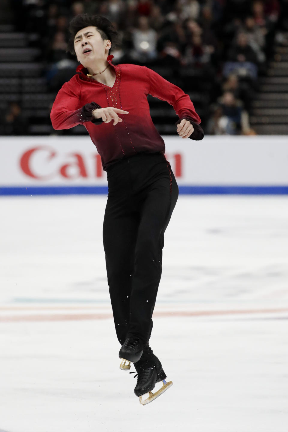 Boyang Jin, of China, performs during the men's free skate competition at the Four Continents Figure Skating Championships on Saturday, Feb. 9, 2019, in Anaheim, Calif. (AP Photo/Chris Carlson)