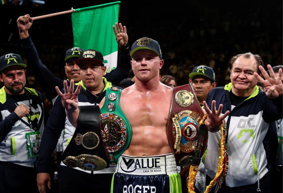 LAS VEGAS, NEVADA, UNITED STATES  NOVEMBER 2, 2019: Mexican boxer Saul «Canelo» Alvarez (C), WBA Super title holder, celebrates winning his WBO light heavyweight title bout against Russian rival Sergey Kovalev at MGM Grand Garden Arena in Las Vegas. Valery Sharifulin/TASS (Photo by Valery Sharifulin\TASS via Getty Images)