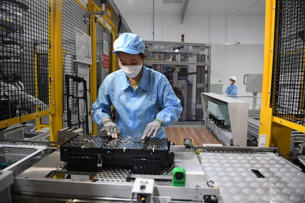 PHOTO: A worker assembles an electric car battery inside the battery pack shop at the electric automobile plant of VinFast in Haiphong, April 7, 2022. (Nhac Nguyen/AFP via Getty Images, FILE)