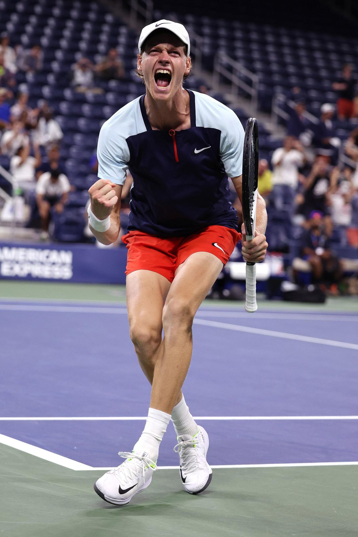Jannik Sinner of Italy celebrates match point against Ilya Ivashka during their Men’s Singles Fourth Round match on Day Eight of the 2022 U.S. Open at USTA Billie Jean King National Tennis Center on Sept. 5, 2022, in Flushing, Queens.