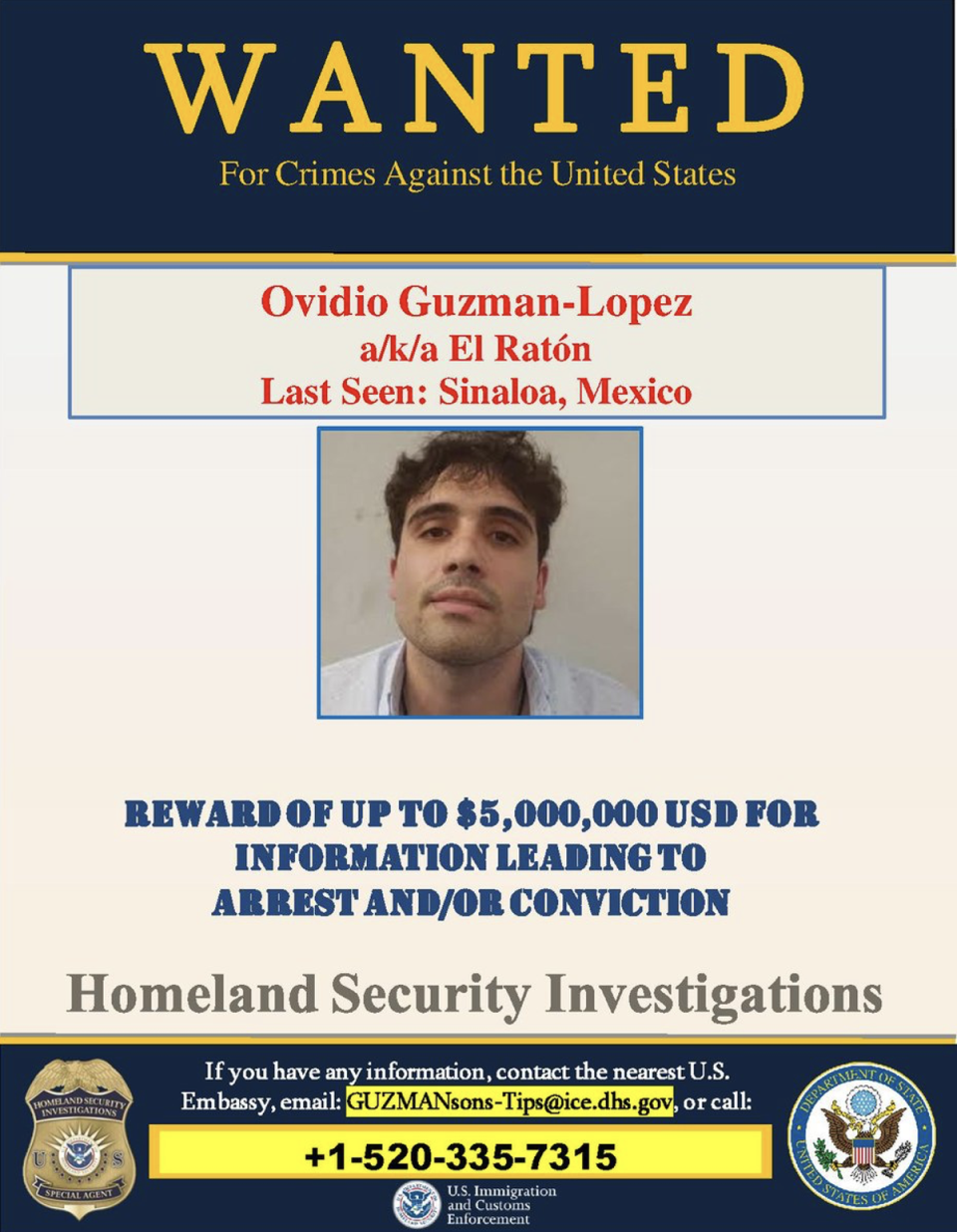 Ovidio Guzman Lopez is wanted for drug trafficking in the United States (Immigration and Customs Enforcement)