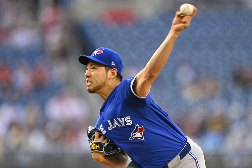 Toronto Blue Jays staring pitcher Yusei Kikuchi throws during the first inning of a baseball game against the Washington Nationals, Friday, May 3, 2024, in Washington. (AP Photo/John McDonnell)