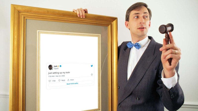 A man holds a gavel next to an image of a Tweet.