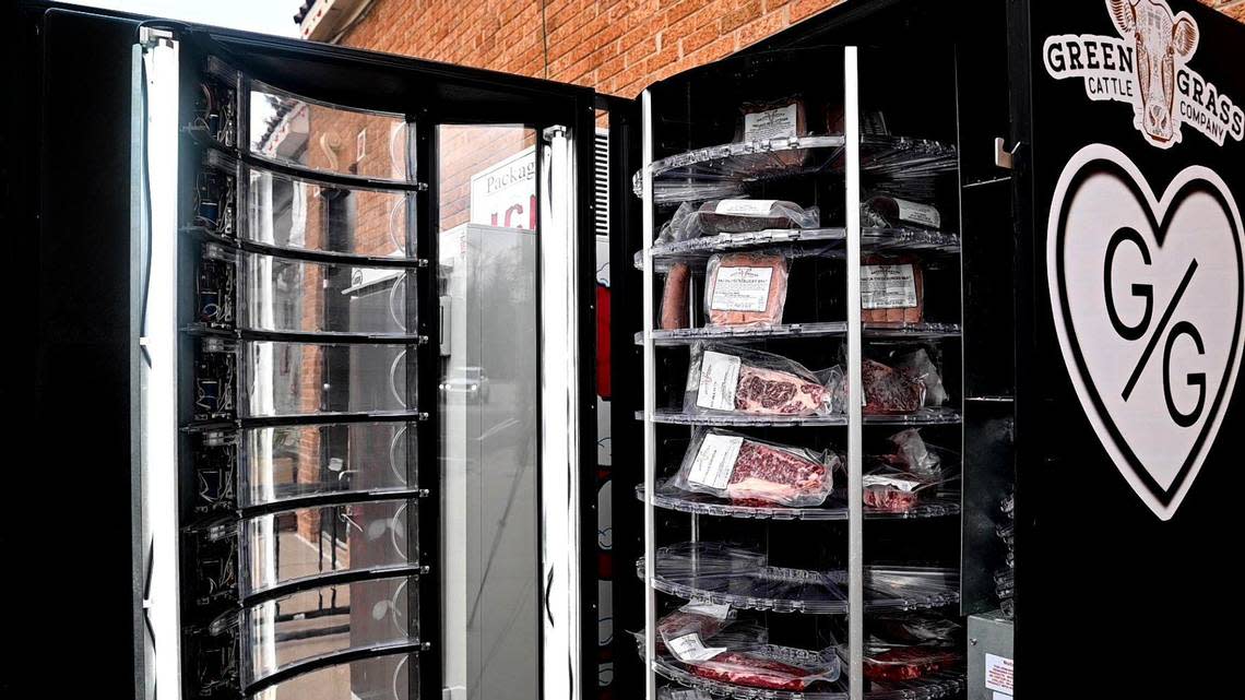 Green Grass Cattle Co., of Weston, has installed this vending machine just outside the Front Range Coffee shop, at 400 E. Gregory. Tim Haer, the owner of Green Grass Cattle Co., recently installed and stocked the machine with a variety of meats from the Weston company’s operation.