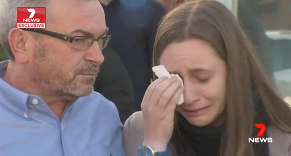 Borce Ristevski, with his daughter Sarah, during a public plea for his wife Karen’s safe return. Source: 7 News