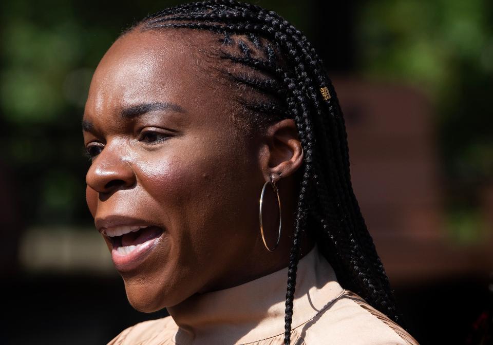 Dr. Yashica Robinson speaks Tuesday during a news conference at the Mothers of Gynecology Monument in Montgomery.