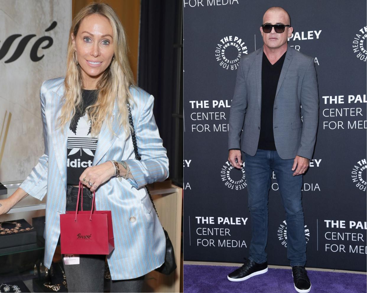 Tish Cyrus, left, announced her engagement to actor Dominic Purcell on Instagram Saturday.