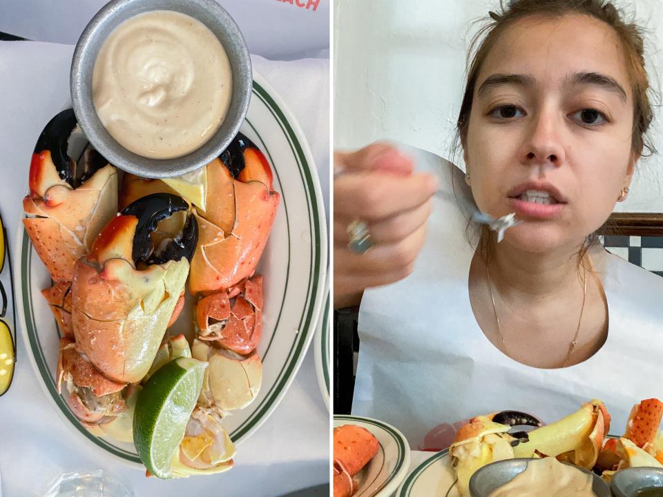 Crab dish (L) and the author eating (R)