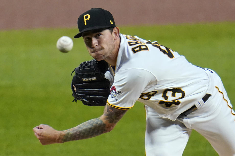 Pittsburgh Pirates starting pitcher Steven Brault delivers during the first inning of the team's baseball game against the St. Louis Cardinals in Pittsburgh, Thursday, Sept. 17, 2020. (AP Photo/Gene J. Puskar)