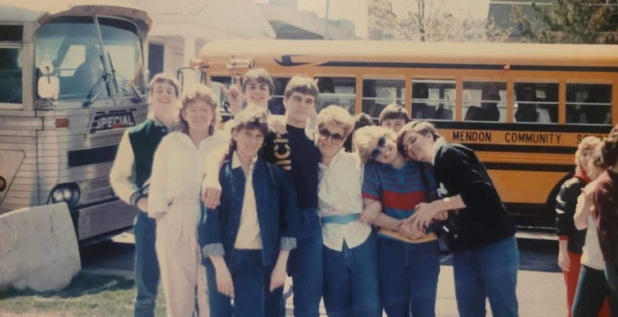 Cathy Swartz, front left in the jean jack, in high school. (Courtesy)