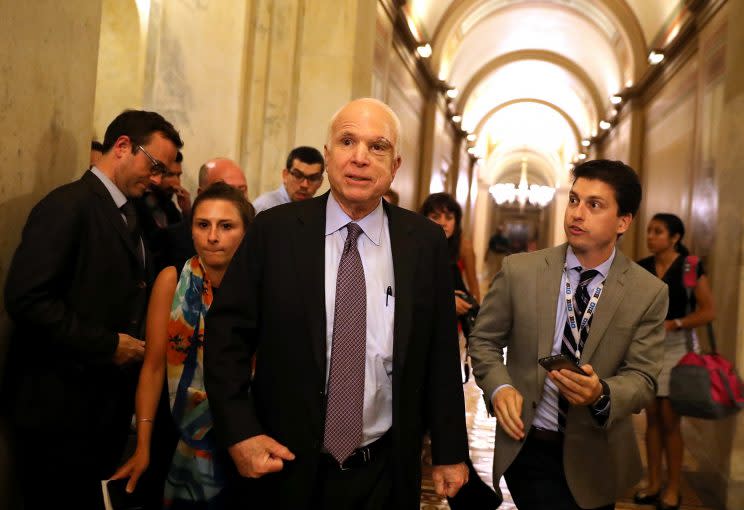 Sen. John McCain (R-AZ) leaves the the Senate chamber at the U.S. Capitol after voting on the GOP 'Skinny Repeal' health care bill on July 28, 2017 in Washington, DC. Three Senate Republicans voted no to block a stripped-down, or 'Skinny Repeal,' version of Obamacare reform. (Photo: Justin Sullivan/Getty Images)