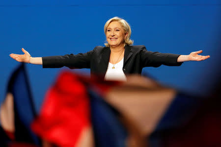 Marine Le Pen, French National Front (FN) candidate for 2017 presidential election, attends a campaign rally in Villepinte, near Paris, France, May 1, 2017. REUTERS/Charles Platiau