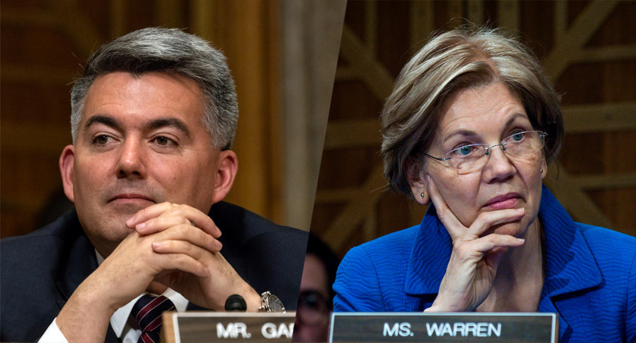 Sen. Cory Gardner, R-Colo., and Sen. Elizabeth Warren, D-Mass. (Photos: Cheriss May/NurPhoto via Getty Images, Pete Marovich/Getty Images)