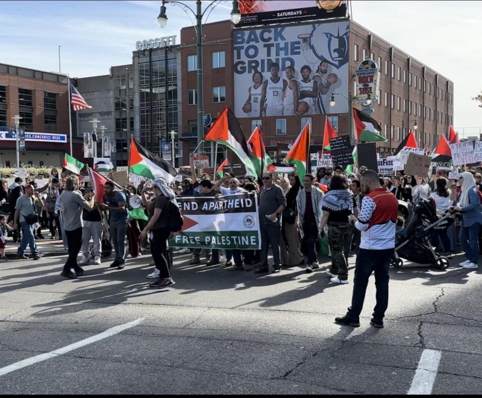 Hundreds gathered on Sunday at FedExForum in downtown Memphis in support of the Palestinian people. The march progressed down Beale Street before coming to an end at Tom Lee Park.