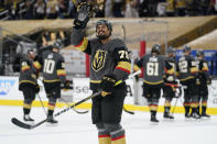 Vegas Golden Knights right wing Ryan Reaves (75) celebrates after the Vegas Golden Knights defeated the Montreal Canadiens in Game 1 of an NHL hockey Stanley Cup semifinal playoff series Monday, June 14, 2021, in Las Vegas. (AP Photo/John Locher)