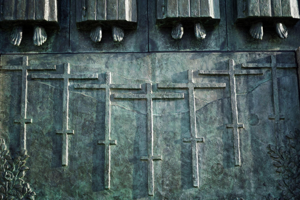 In this Nov. 17, 2019, photo, a section of the Twenty-Six Martyrs Monument is seen in Nagasaki, southern Japan. Pope Francis will start his first official visit to Japan in Nagasaki, ground zero for the Christian experience in a nation where the Catholic leader once dreamed of living as a missionary. (AP Photo/Eugene Hoshiko)