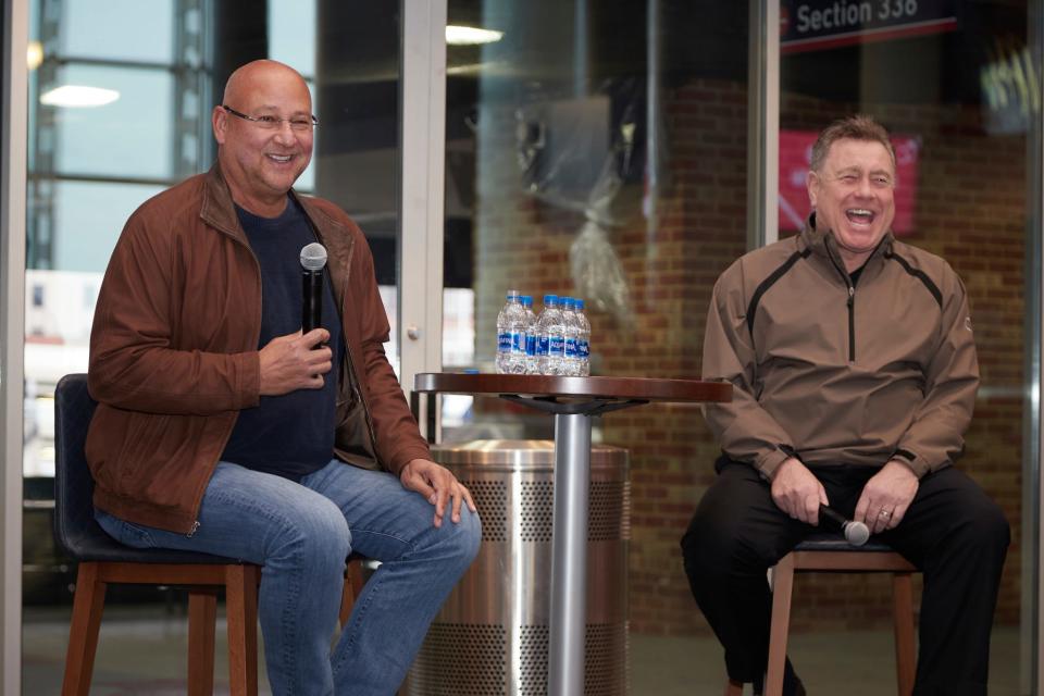 Former Guardians manager Terry Francona and longtime team radio broadcaster Tom Hamilton have a laugh.