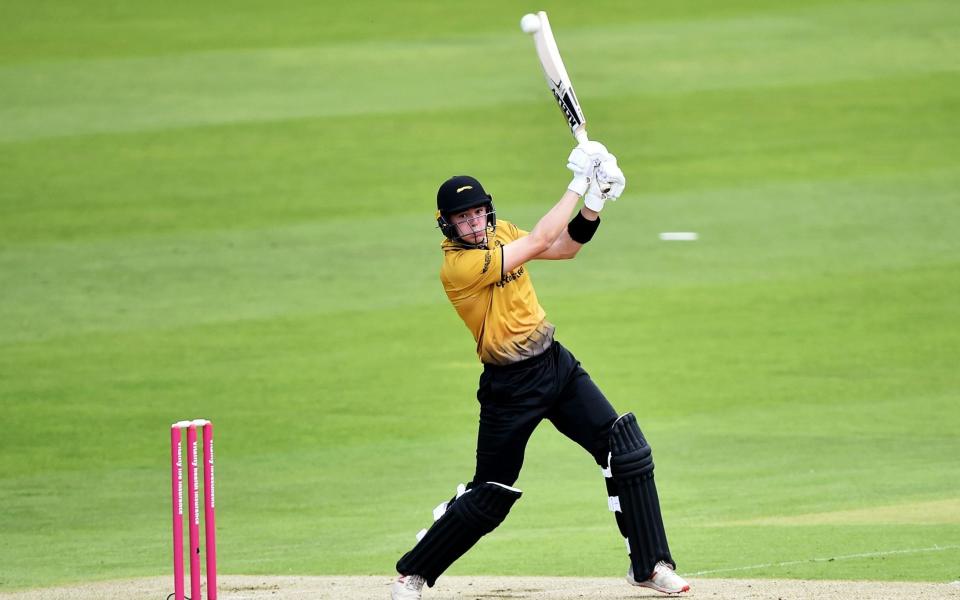 Gareth Delany of Leicestershire Foxes hits the ball while batting during the T20 Vitality Blast 2020 match between Leicestershire Foxes and Durham at Emerald Headingley Stadium on August 31, 2020 - Nathan Stirk/Getty Images