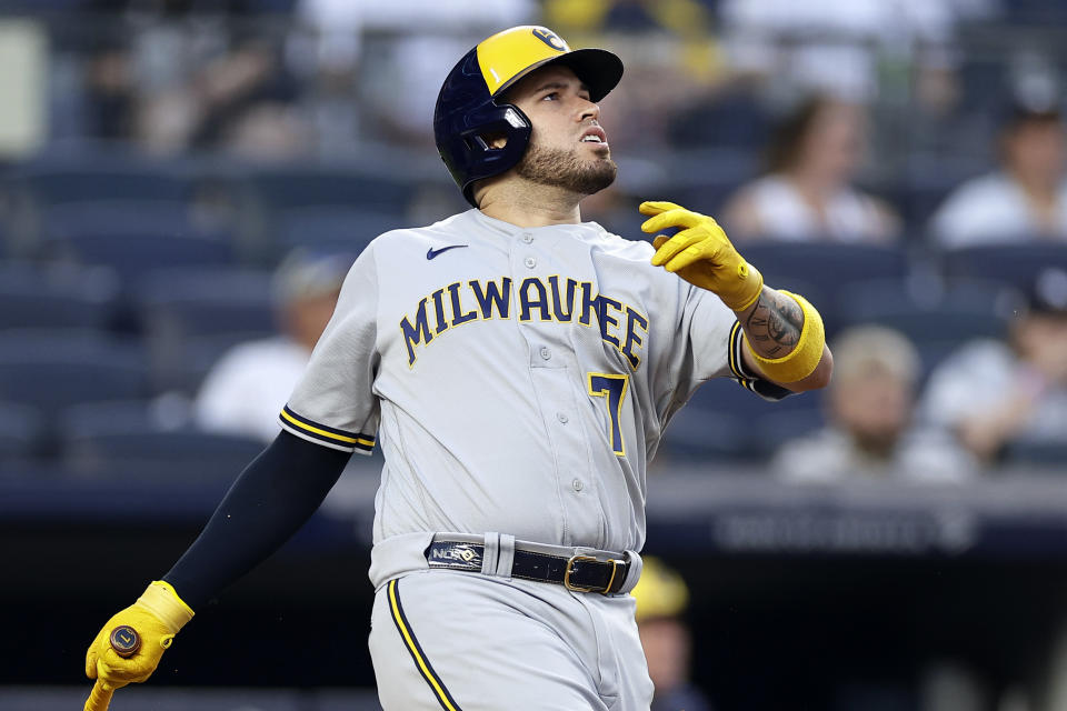 Milwaukee Brewers' Victor Caratini hits a sacrifice fly against the New York Yankees during the eighth inning of a baseball game Saturday, Sept. 9, 2023, in New York. (AP Photo/Adam Hunger)