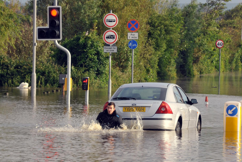 A young motorist got caught out by the flooding in Weymouth town centre, Dorset