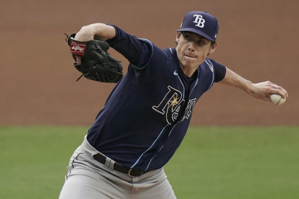 Tampa Bay Rays relief pitcher Ryan Yarbrough throws against the New York Yankees during the fourth inning in Game 4 of a baseball American League Division Series Thursday, Oct. 8, 2020, in San Diego. (AP Photo/Jae C. Hong)