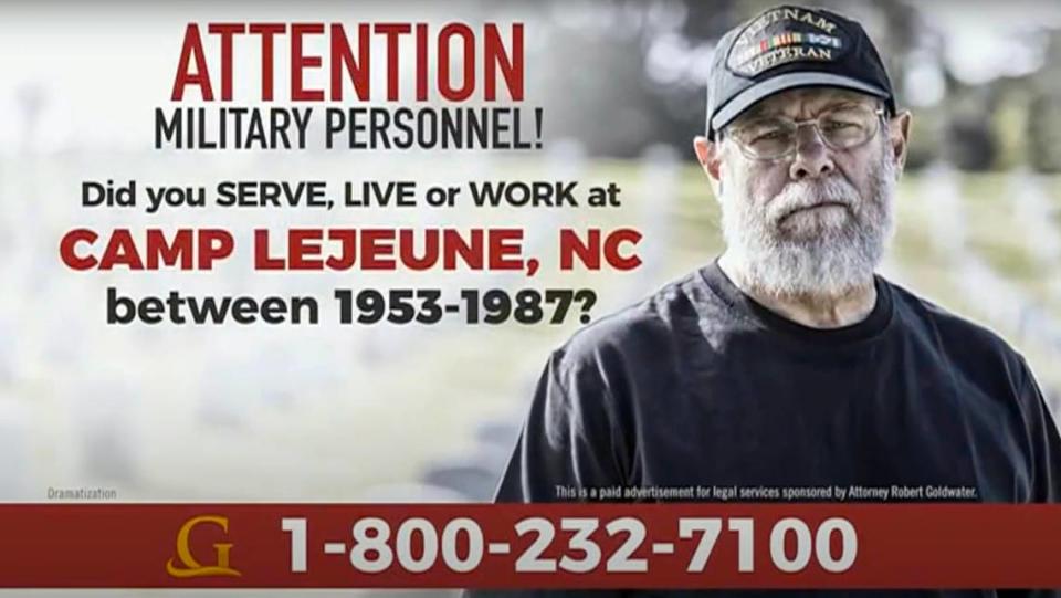 A screenshot from one of the many television commercials and online video ads targeting possible victims of contaminated water at the Camp Lejune Marine Corps base in North Carolina.