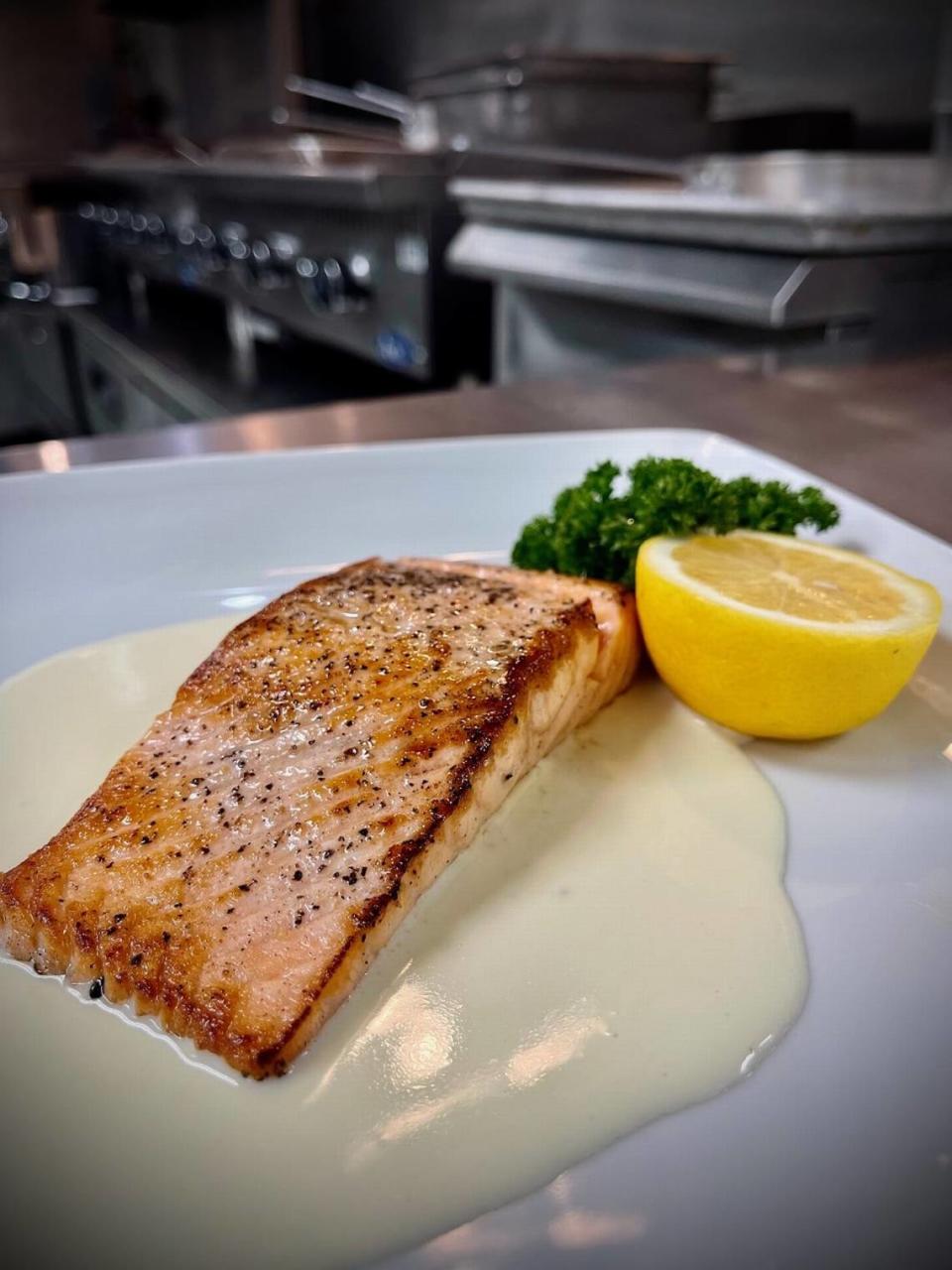 Salmon with white wine sauce at 3rd & Cherry opening soon in downtown Macon.