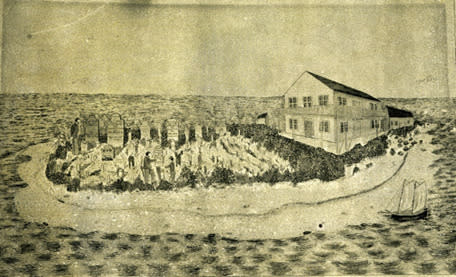 This image courtesy of the National Park Service shows an unsigned watercolor painting depicting a hospital and cemetery on an island in the Dry Tortugas. Archeologists have found the remains of a 19th century quarantine hospital and cemetery on a submerged island in Florida's Dry Tortugas National Park, according to park officials Monday, May 1, 2023. (Image courtesy of National Park Service via AP)