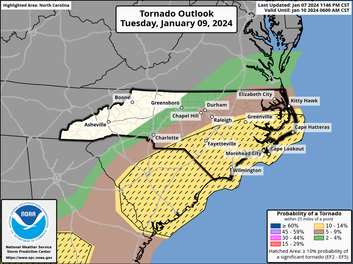 The greatest potential for tornadoes with Tuesday’s winter storm will be in the southeastern part of the state in the afternoon and evening.