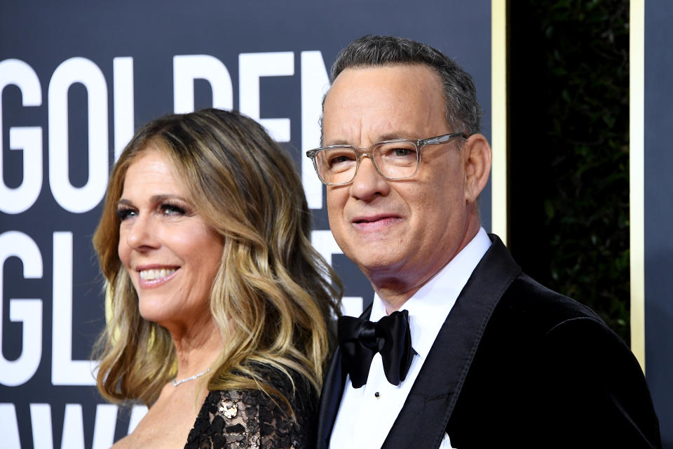 BEVERLY HILLS, CALIFORNIA - JANUARY 05: (L-R) Rita Wilson and Tom Hanks attend the 77th Annual Golden Globe Awards at The Beverly Hilton Hotel on January 05, 2020 in Beverly Hills, California. (Photo by Steve Granitz/WireImage)