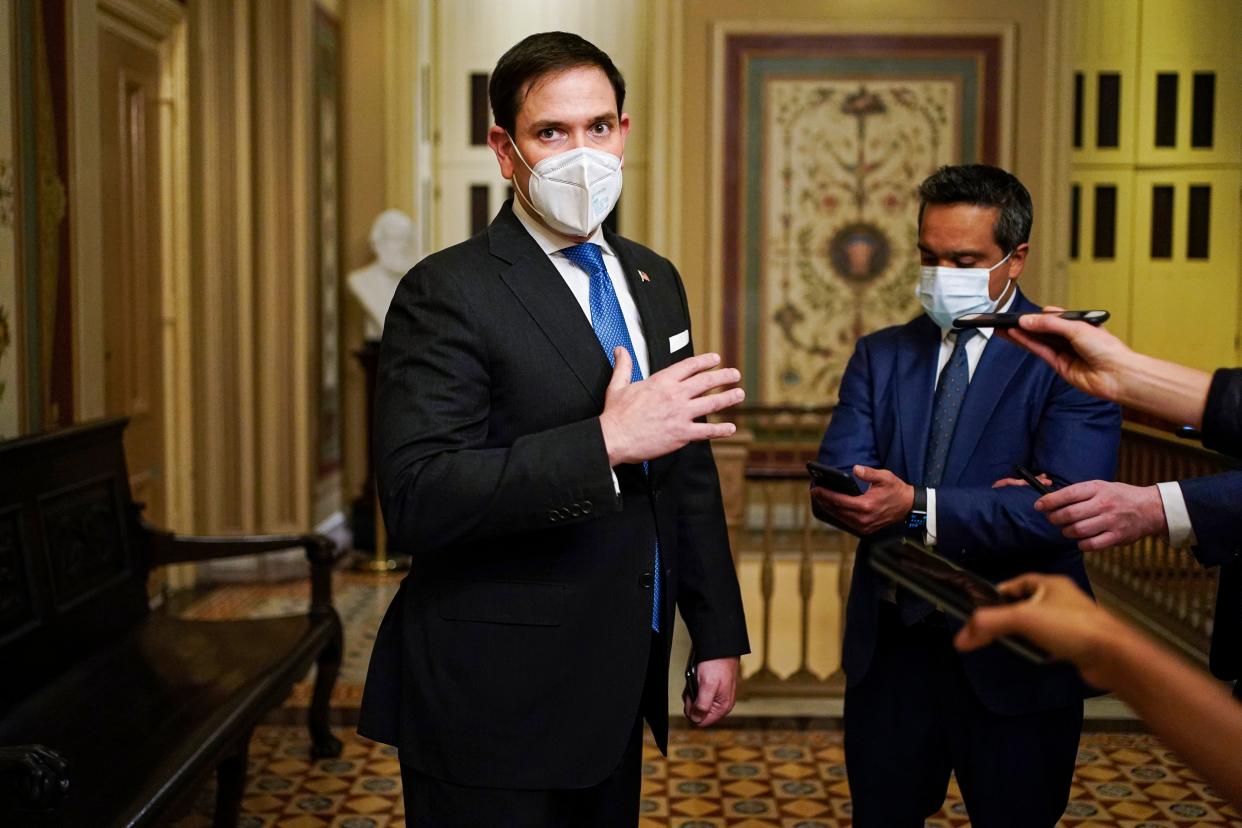 Senator Marco Rubio (R-FL) speaks to the press after the second day of former US President Donald Trump's impeachment trial before the Senate on Capitol Hill February 10, 2021, in Washington, DC. (Joshua Roberts/AFP via Getty Images)