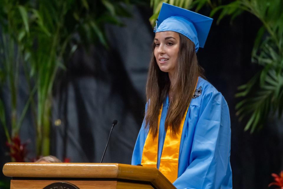 Salutatorian Anna Grace Keller addresses the Class of 2022 and those in attendance. Ponte Vedra High School hosted its commencement program for the Class of 2022 at the UNF Arena on May 28, 2022.
Photo made May 28, 2022,
[Fran Ruchalski for the St. Augustine Record]