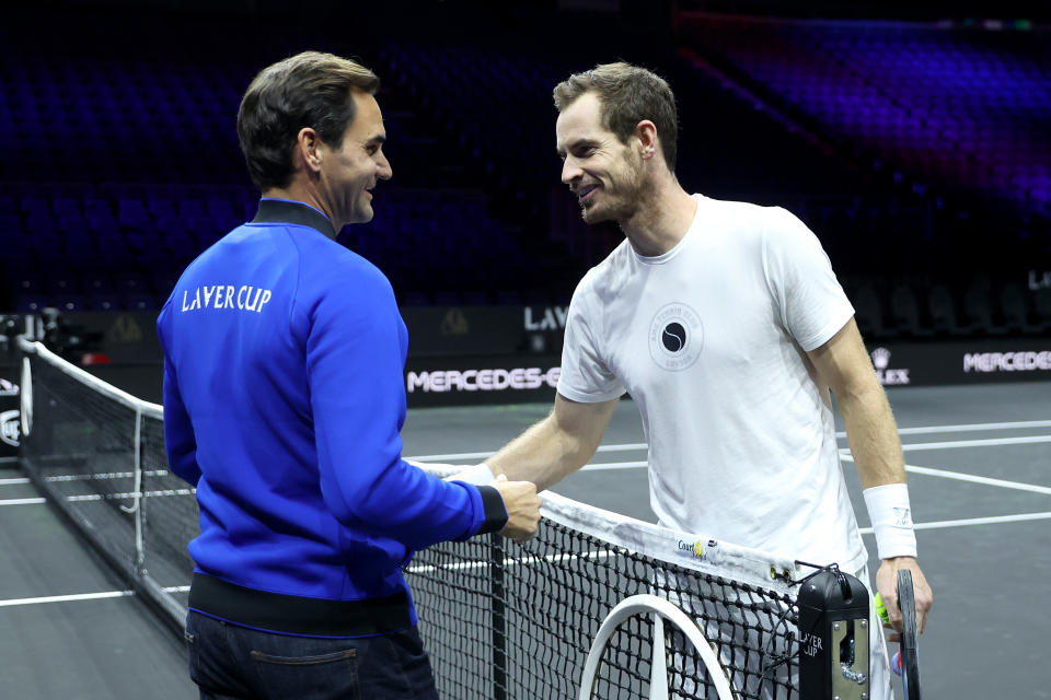 Roger Federer and Andy Murray, pictured here shaking hands during a practice session ahead of the Laver Cup.