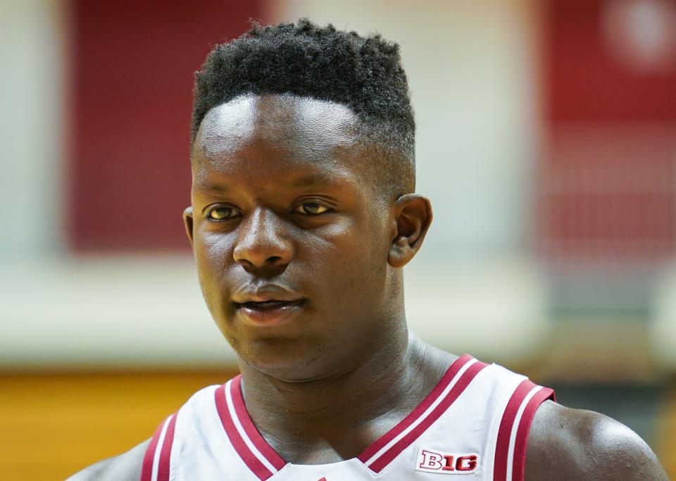 Indiana’s Payton Sparks talks to the media during the Indiana University basketball media day at Simon Skjodt Assembly Hall on Wednesday, Sept. 20, 2023.