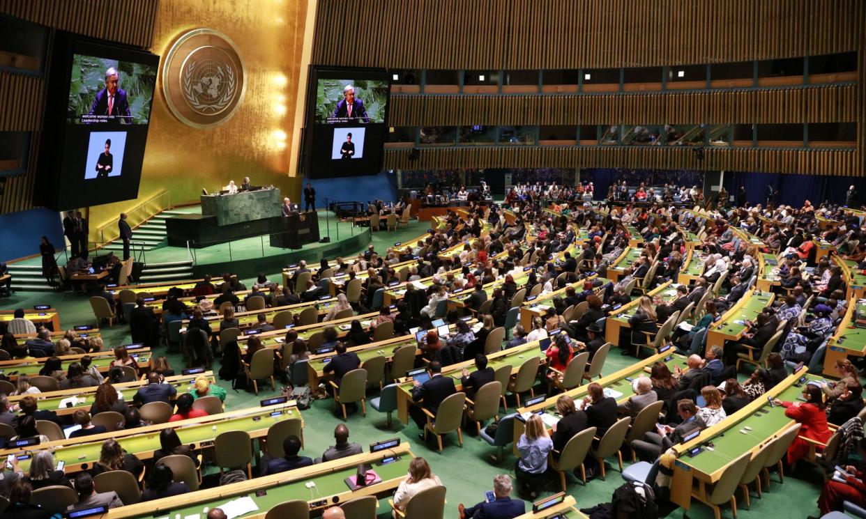 <span>The opening of the 68th session of the Commission on the Status of Women at the UN headquarters in New York on 11 March 2024.</span><span>Photograph: Xinhua/Rex/Shutterstock</span>