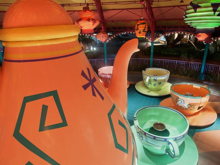 Cups pictured in the Mad Tea Party attraction at Walt Disney World.