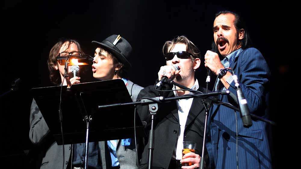  A photo of Nick Cave, Shane MacGowan, Jarvis Cocker and Pete Doherty on stage at Meltdown Festival in 2007. 