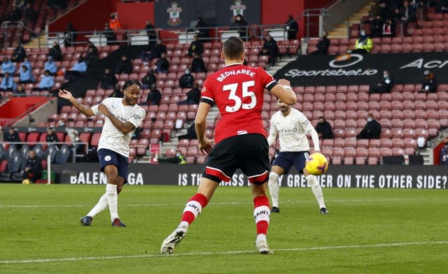 Raheem Sterling, left, scores the only goal at Southampton