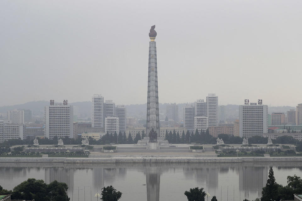 <p>The Juche tower and Taedong river are seen on a hazy morning from the Grand People’s Study House,July 24, 2017, in Pyongyang, North Korea. (Photo: Wong Maye-E/AP) </p>